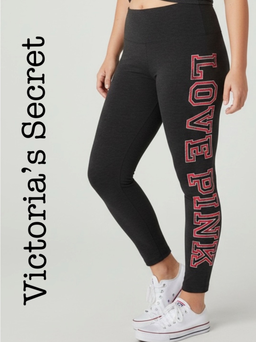 New Victoria's Secret Charcoal Leggings with Pink Side Lettering Size Large